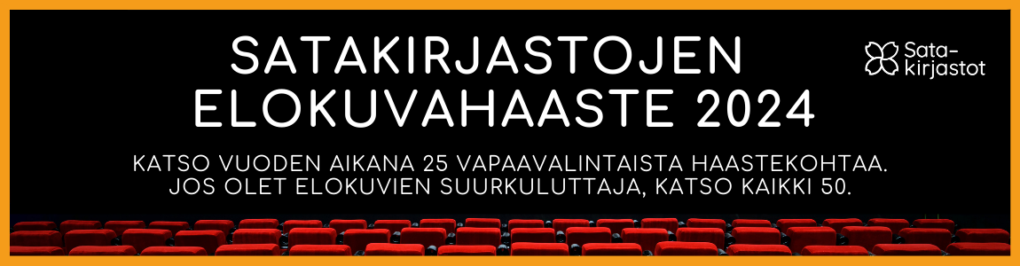 Satakirjastojen elokuvahaaste 2024. Taustalla elokuvateaaterin istuimet.